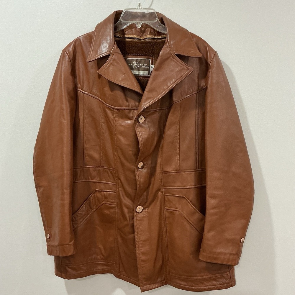 Vintage 70s Sears Leather Shop Brown Car Coat Jacket Mens Size 44R Zip Out Liner